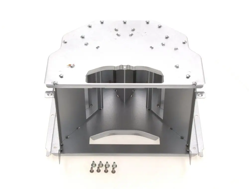 BOSCH Strömungssicherung aus Metall mit aufgestanzten Bohrlöchern und Schrauben. Sie zeigt eine dreidimensionale Struktur und ist für technische Anwendungen konzipiert.